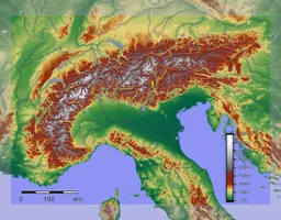 Digitales Relief der Alpen; Frankreich, Italien, die Schweiz, Deutschland, Liechtenstein, Österreich und Slowenien. Erstellt mit SRTM-Daten.
