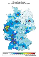 Karte der Bevölkerungsdichte auf Ebene der Landkreise und kreisfreien Städte, der Städte Bremen und Bremerhaven sowie der Inseln in Nord- und Ostsee, in Deutschland im Jahr 2018