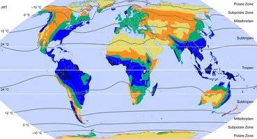 Klimazonen nach Siegmund & Frankenberg (Grenzen nach Jahresmitteltemperaturen = JMT), sowie die globale Verteilung der jährlichen Niederschlagssummen; fünf Bereiche mit vegetationskundlichem Bezug:﻿< 250 mm (Wüsten und Halbwüsten)﻿250–500 mm (Boreale Wälder, Steppen u. Savannen)﻿500–1000 mm (Laubwerfende Wälder)﻿1000–2000 mm (Hartlaubige Feuchtwälder)﻿> 2000 mm (Regenwälder)Grundlage für eine grobe effektive Klimaklassifikation