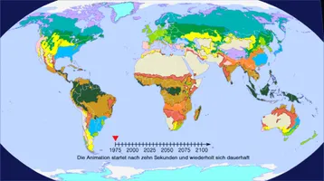 Animation: Prognostizierte Verschiebung der Klimazonen nach dem Worst-Case-Szenario des IPCC, beruhend auf den Klimazonen der effektiven Klimaklassifikation nach Köppen und Geiger. Legende und Erläuterungen siehe Folgen der globalen Erwärmung.