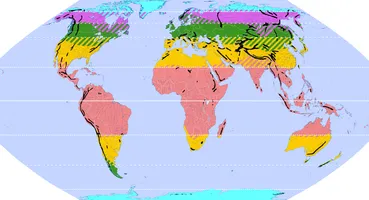 Klimazonen der Erde: Solare Grenzen (Breitenkreise), mittlere thermische Grenzen (Schraffuren)