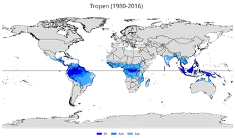 Regionen mit tropischem Klima nach Köppen und Geiger:﻿Tropisches Regenwaldklima (Af)﻿Tropisches Monsunklima (Am)﻿Tropisches Savannenklima (Aw)