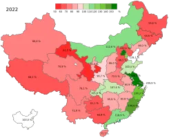 Bruttoinlandsprodukt pro Kopf der Bevölkerung in Prozent des nationalen Durchschnitts 2022, Grüntöne = über dem Landesdurchschnitt, Rottöne = darunter