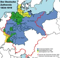 Der Deutsche Zollvereinblau: zum Zeitpunkt der Gründunggrün / gelb: Erweiterungen bis / nach 1866