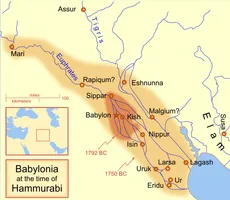 Babylonian territory before (red) and after (orange) Hammurabi's reign