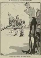 Titel: Die Tripleentente und die deutsche Militärmission. Bildunterschrift: Der Russe: „Paßt auf, Kinder, der macht den Türken noch gesund!“ – Anspielung auf den „kranken Mann am Bosporus“