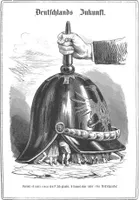 Deutschlands Zukunft, 1870, Karikatur in der österreichischen Satirezeitschrift Kikeriki mit der Bildunterschrift: „Kommt es unter einen Hut? Ich glaube, ’s kommt eher unter eine Pickelhaube!“