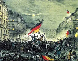 Jubelnde Revolutionäre nach Barrikadenkämpfen am 18. März 1848 in Berlin (Kreidelithographie eines unbekannten Künstlers)