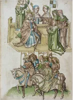 Darstellung in der Richental-Chronik (um 1464): König Sigismund belehnt den Kurfürsten Ludwig III. auf dem Konzil von Konstanz mit der Kurpfalz als Fahnlehen, symbolisiert durch die Fahne.