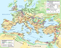 Übersicht des Straßennetzes im Römischen Reich im Jahre 125 n. Chr. (siehe auch Liste der Römerstraßen) unter Kaiser Hadrian:﻿Römerstraße ﻿Grenze des Imperium romanum ﻿Römisches Militärlager (Legionslager)﻿Römische Stadt