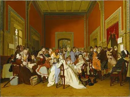 Wartesaal zweiter Klasse von Carl d’Unker, ca. 1865, Genrebild des Bürgertums im 19. Jahrhundert, Düsseldorfer Malerschule