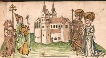 Ausschnitt aus der Kemptener Klosterchronik von 1499: Hildegard ist gemeinsam mit Karl dem Großen rechts als Begüterin und Gründerin des Kemptener Klosters abgebildet.