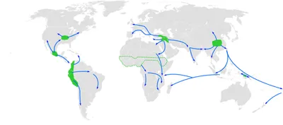 Die Karte zeigt die ungefähren Entstehungsgebiete der Landwirtschaft nach Diamond und Bellwood: Fruchtbarer Halbmond (9500 v. Chr.), China (7000 v. Chr.), Neuguinea (7000–6000 v. Chr.), Mexiko (3000–2000 v. Chr.), Südamerika (3000–2000 v. Chr.), Afrika südlich der Sahara (3000–2000 v. Chr., das genaue Gebiet ist unbekannt), Nordamerika (2000–1000 v. Chr.).[5]