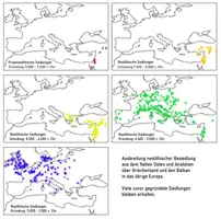 Die Ausbreitung der Neolithischen Kulturen ausgehend vom südöstlichen Mittelmeerraum in den Nordosten Europas. ﻿11.000 bis 9500 v. Chr. (Jüngere Dryaszeit) ﻿9500 bis 8000 v. Chr. (Präboreal bis Boreal) ﻿8000 bis 6400 v. Chr. (Boreal bis Atlantikum) ﻿6400 bis 5000 v. Chr (Atlantikum) ﻿5000 bis 3500 v. Chr. (Atlantikum bis Subboreal)
