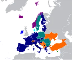 Karte verschiedener europäischer Integrationsebenen﻿EU, Schengen, EWU, AFSJ (Alle Abkommen)﻿EU, Schengen, AFSJ﻿EU, EWU, AFSJ﻿EU, Schengen﻿EU, EWU﻿EWR, Schengen﻿Schengen, Bilaterale Verträge﻿EU-Kandidaten, einige Abkommen﻿Mikrostaaten, einige Abkommen﻿SAA