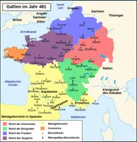 Gallien kurz vor Chlodwigs Königserhebung; sein Machtbereich umfasste anfangs nur einen Teil der fränkischen Gebiete.