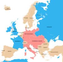 Das offizielle Bündnissystem im Jahr 1914:﻿Dreibund﻿Triple Entente
