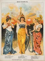 "Triple Entente" - Russisches Plakat von 1914. Die obere Inschrift lautet "Eintracht". Dargestellt sind die weiblichen Personifikationen von Frankreich, Russland und Großbritannien, den Verbündeten der "Triple Entente" im Ersten Weltkrieg.