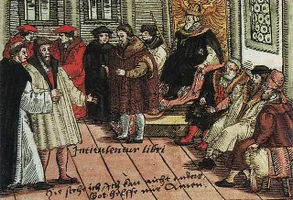 Luther auf dem Reichstag zu Worms. Kolorierter Holzschnitt von 1556