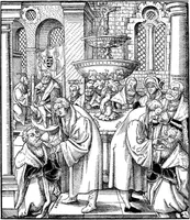 Spendung des Abendmahls als Allegorie auf die Reformation: Luther und Hus teilen Hostien und Wein an Mitglieder der sächsischen Fürstenfamilie aus (Meister von Sachsen, um 1551/75, Germanisches Nationalmuseum Nürnberg)[114]