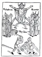 Darstellung der spätmittelalterlichen Ständeordnung. Holzschnitt von Jacob Meydenbach aus Prognosticatio von Johannes Lichtenberger, 1488. Christus auf dem Regenbogen segnet die drei Stände Klerus (links), Adel (rechts) und Bauern (unten). Aufschrift: "Tu supplex ora, tu protege, tuque labora" (Du bete demütig, du schütze, und du arbeite).