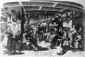 An Bord des Auswandererschiffes Samuel Hop. Idealisierende Zeichnung aus dem Jahre 1850.