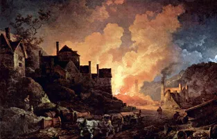 Coalbrookdale by Night. Ölgemälde von Philipp Jakob Loutherbourg d. J. aus dem Jahr 1801. Coalbrookdale gilt als eine der Geburtsstätten der industriellen Revolution, da hier der erste mit Koks gefeuerte Hochofen betrieben wurde.