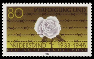 Die Briefmarke „Verfolgung und Widerstand 1933–1945“ der Deutschen Bundespost von 1983 symbolisiert das Thema mit einer von Stacheldraht umgebenen weißen Rose, dem Kennzeichen der gleichnamigen studentischen Widerstandsgruppe