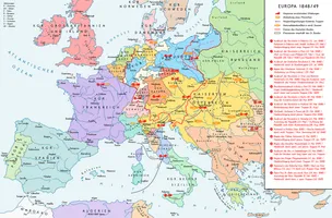 Europa 1848/49. Historische Karte mit wichtigen revolutionären Orten, Hauptschlagrichtungen konterrevolutionärer Truppen, Staaten mit Abdankungen von Monarchen und Nationalitätenkonflikten