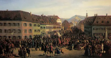 Einzug der Freischärler unter der Führung von Gustav Struve in Lörrach am 20. April 1848. Die Truppe war auf dem Weg zur Unterst ützung des Hecker-Aufstands bei der Schlacht von Kandern am selben Tag.