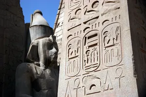 Egyptian hieroglyphs with cartouches for the name "Ramesses II", from the Luxor Temple, New Kingdom