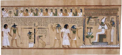 This vignette scene from the Book of the Dead of Hunefer (Nineteenth dynasty) shows his heart being weighed against the feather of truth. If his heart is lighter than the feather, he is allowed into the afterlife; if not, his heart is swallowed by Ammit.