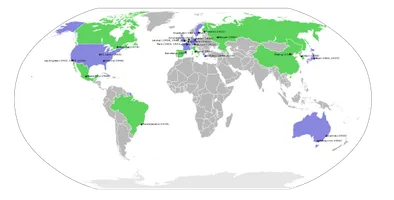 Übersicht der Austragungsorte Olympischer Sommerspiele (grün: Länder mit einer Austragung, blau: Länder mit zwei oder mehr Austragungen) - erstellt von NuclearVacuum - 2009 - Wikimedia Commons