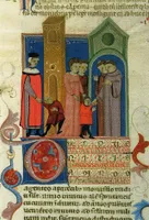 Knaben auf dem Weg in die Klosterschule. Bologneser Handschrift des Decretum Gratiani, kirchenrechtliche Fragen der Oblation illustrierend (14. Jahrhundert)