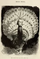 Karikatur „Unser Stolz.“ von Wilhelm Scholtz aus der Satirezeitschrift "Kladderadatsch" von 1884. Die Bildunterschrift lautet: „Wie stehen wir nun in der Welt da?“