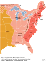 Vor der Unabhängigkeitsbewegung: Die Dreizehn Kolonien sind rot markiert, die rosa Fläche wurde von Großbritannien nach dem Franzosen- und Indianerkrieg beansprucht und die orange Fläche wurde von Spanien beansprucht. (Auf dieser Karte ist der Großteil von Britisch-Nordamerika nicht zu sehen.)