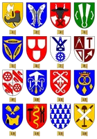 Bildtafel von Zunftwappen1 Schuhmacher2 Fischer3 Metzger4 Tuchmacher5 Weber6 Maler7 Müller8 Maurer9 Zimmerer10 Dachdecker11 Schneider12 Bäcker13 Sattler14 Schmiede15 Kürschner16 Gerber