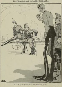 Titel: Die Tripleentente und die deutsche Militärmission. Bildunterschrift: Der Russe: „Paßt auf, Kinder, der macht den Türken noch gesund!“ – Anspielung auf den „kranken Mann am Bosporus“